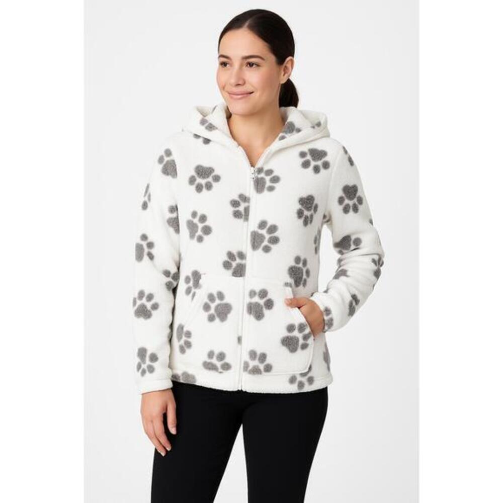 TheAnimalRescueSite Jacket Womens Size Small WhiteHoodedFleeceZipUpPawPrint Cozy